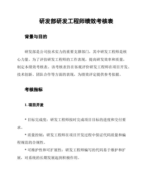 研发部研发工程师绩效考核表