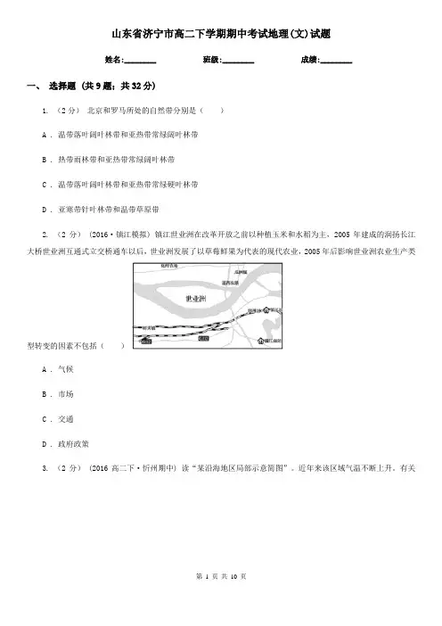 山东省济宁市高二下学期期中考试地理(文)试题