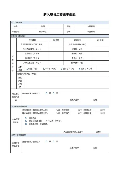 人力资源新入职员工转正申请表
