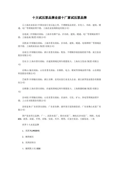 十大试压泵品牌业前十厂家试压泵品牌