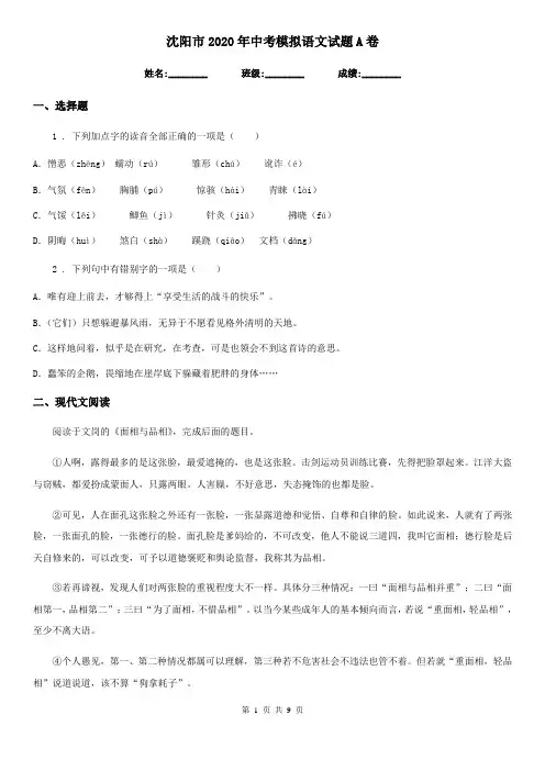 沈阳市2020年中考模拟语文试题A卷