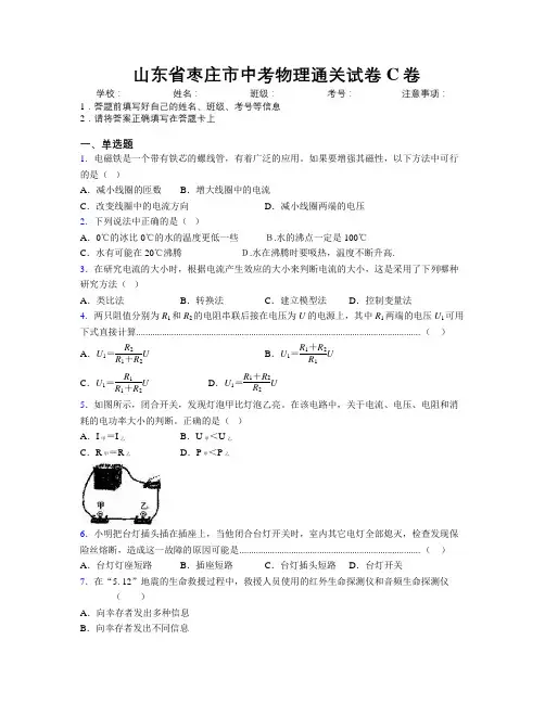 最新山东省枣庄市中考物理通关试卷C卷及解析