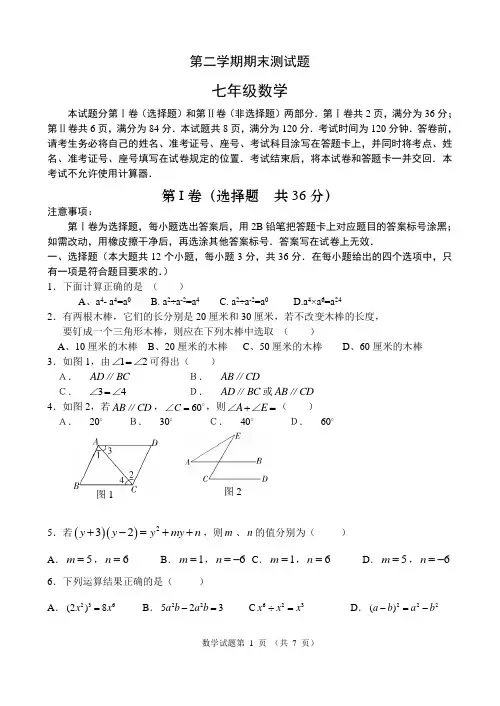 山东省2018-2019年七年级下期末试题及答案