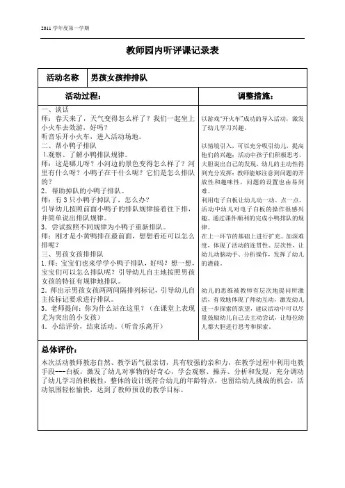 教师园内听课评课记录评价表 2