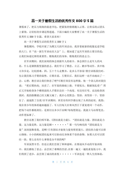 高一关于暑假生活的优秀作文800字5篇