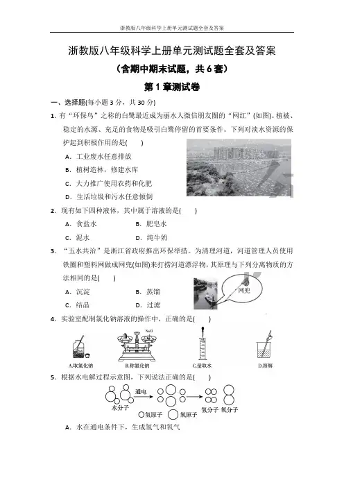 浙教版八年级科学上册单元测试题全套及答案