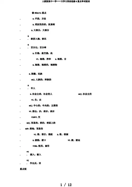 人教版高中--学----习学习英语选修8重点单词短语