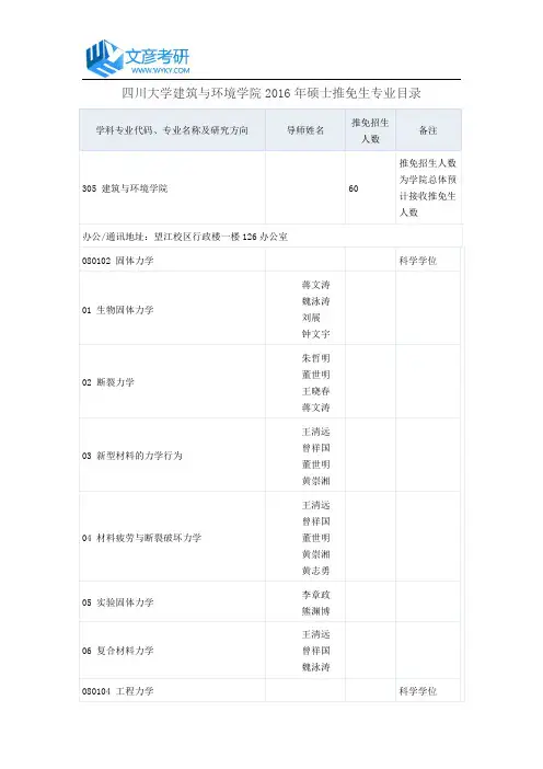四川大学建筑与环境学院2016年硕士推免生专业目录_四川大学考研