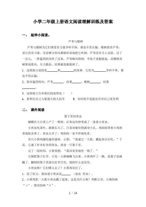 小学二年级上册语文阅读理解训练及答案