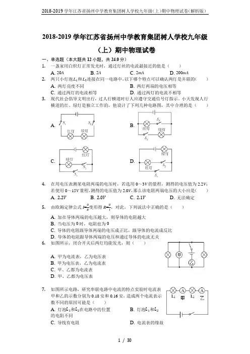2018-2019学年江苏省扬州中学教育集团树人学校九年级(上)期中物理试卷(解析版)