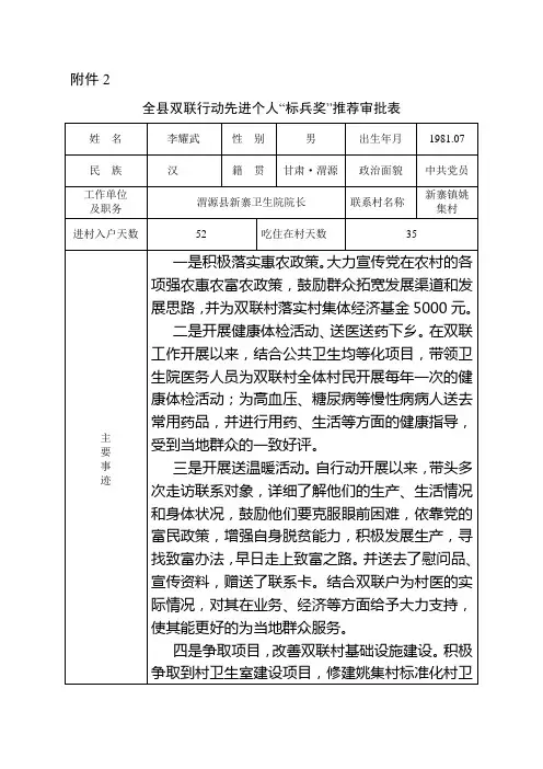 全县双联行动先进个人“标兵奖”推荐审批表
