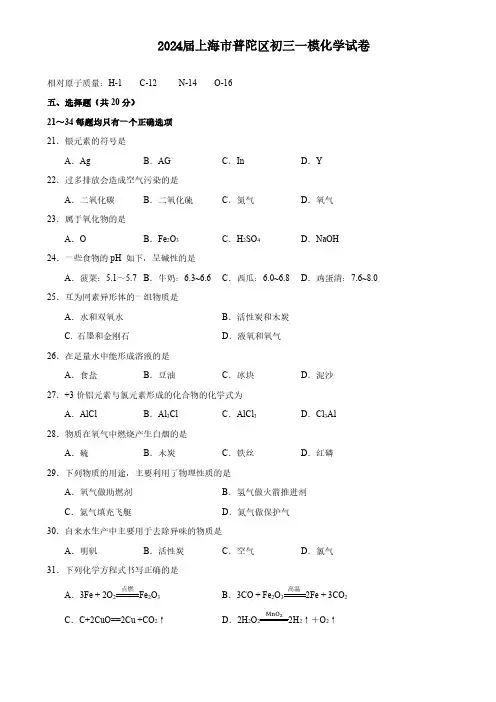 2024届上海市普陀区初三一模化学试卷(含答案)