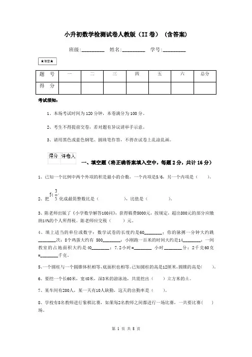 小升初数学检测试卷人教版(II卷) (含答案)