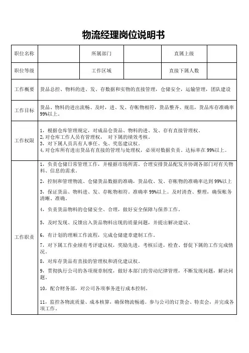 物流经理岗位说明书
