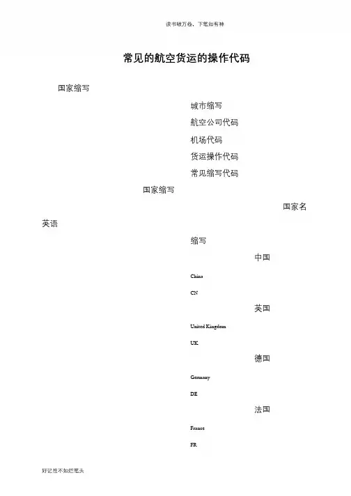 常见的航空货运的操作代码