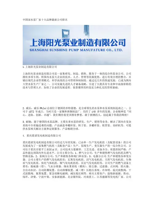 中国深水泵厂家十大品牌最新公司排名