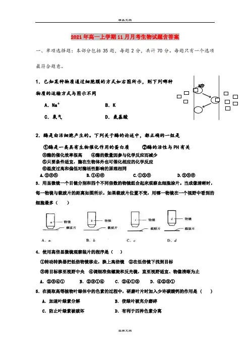 2021年高一上学期11月月考生物试题含答案