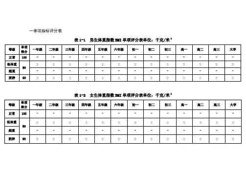 体质健康标准测试评分表