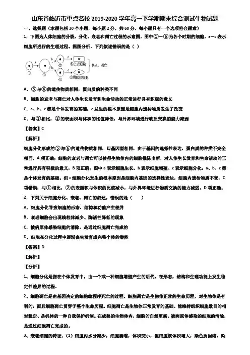 山东省临沂市重点名校2019-2020学年高一下学期期末综合测试生物试题含解析