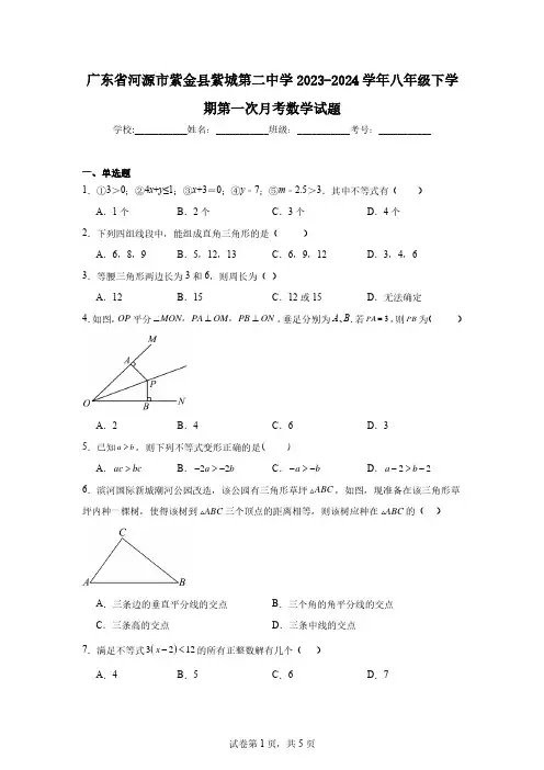 广东省河源市紫金县紫城第二中学2023-2024学年八年级下学期第一次月考数学试题