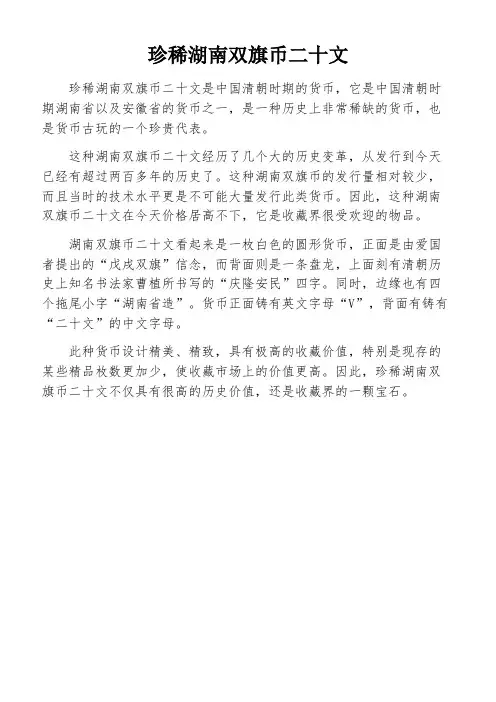珍稀湖南双旗币二十文