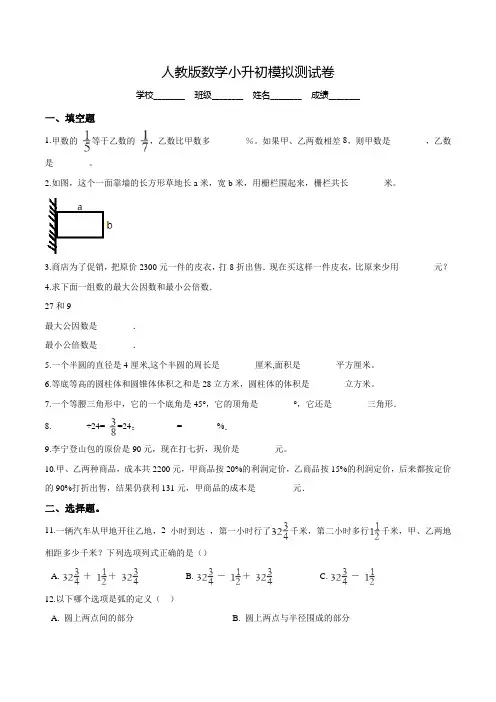 人教版六年级数学小升初考试试卷(附答案解析)