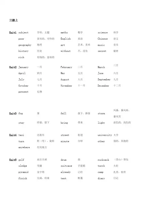 剑桥少儿英语三级词汇表