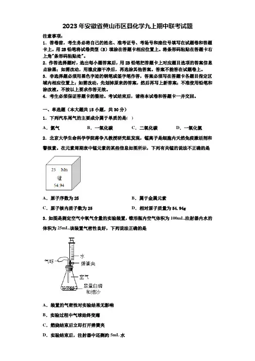 2023年安徽省黄山市区县化学九上期中联考试题含解析