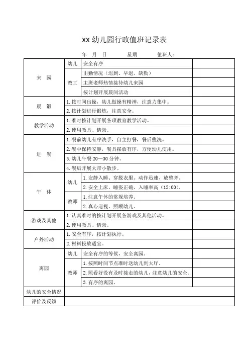 XX幼儿园行政值班记录表