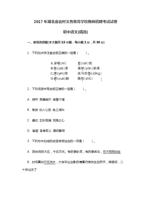 2017年湖北省农村义务教育学校新录用教师公开招聘考试《中学语文》试卷及答案解析