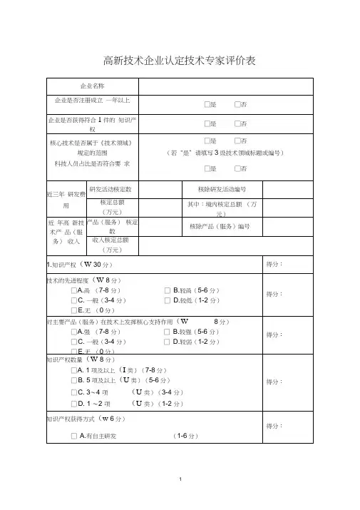 高新技术企业认定技术专家评价表