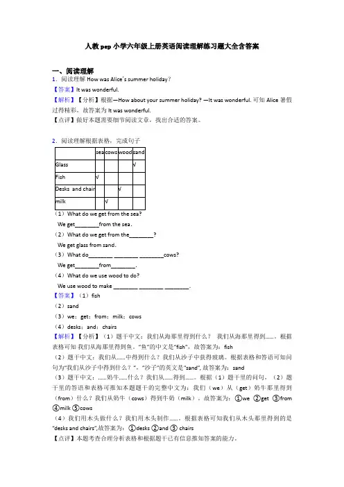 人教pep小学六年级上册英语阅读理解练习题大全含答案