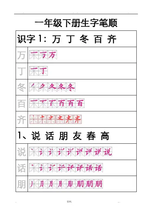 小学一年级下册生字笔顺字帖