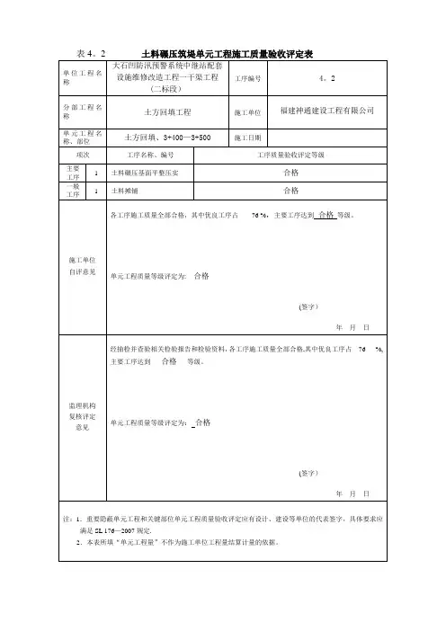 最新版水利水电工程工程质量评定表(渠道土方回填)填表样例