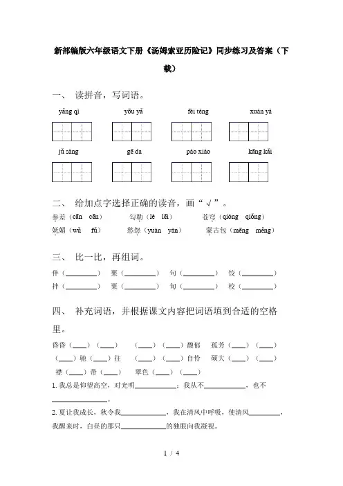 新部编版六年级语文下册《汤姆索亚历险记》同步练习及答案(下载)