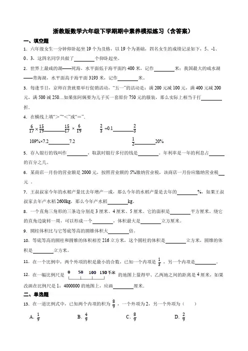 浙教版数学六年级下学期期中素养模拟练习(含答案)