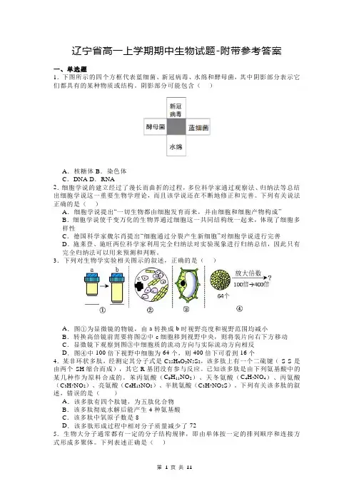 辽宁省高一上学期期中生物试题-附带参考答案