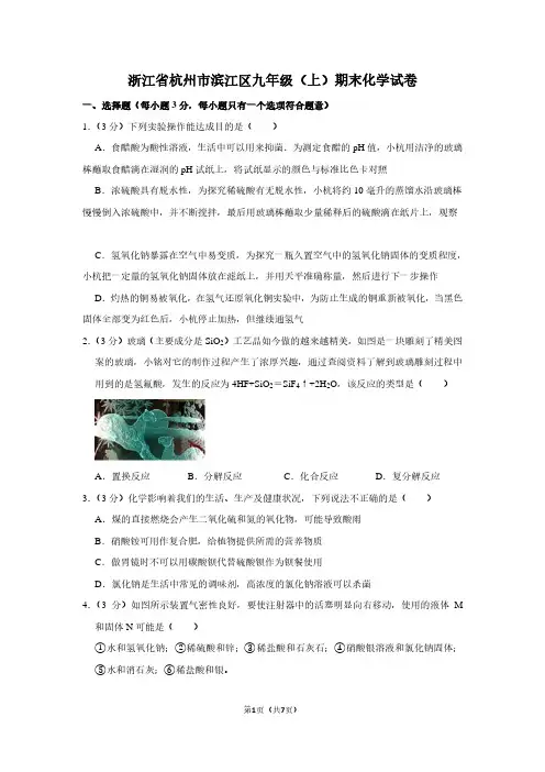 浙江省杭州市滨江区九年级(上)期末化学试卷 (2)