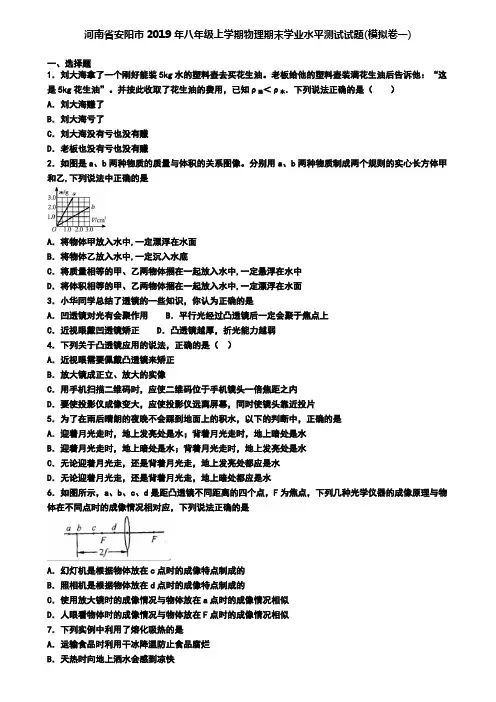 河南省安阳市2019年八年级上学期物理期末学业水平测试试题(模拟卷一)