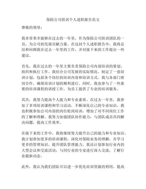 保险公司组训个人述职报告范文