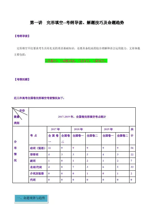 2020年高考英语二轮复习完形填空--考纲导读、解题技巧及命题趋势