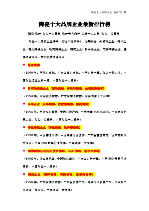 陶瓷十大品牌企业最新排行榜
