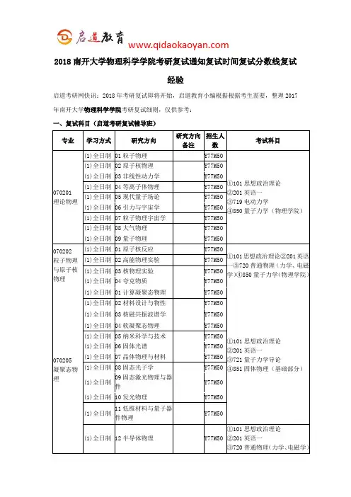 2018南开大学物理科学学院考研复试通知复试时间复试分数线复试经验