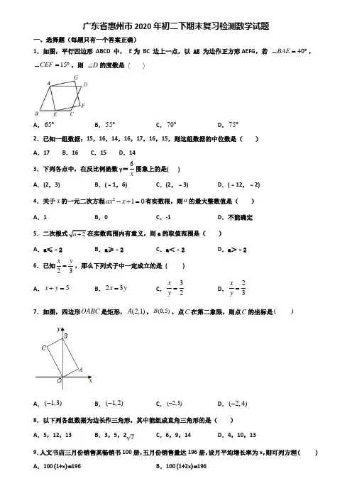 广东省惠州市2020年初二下期末复习检测数学试题含解析