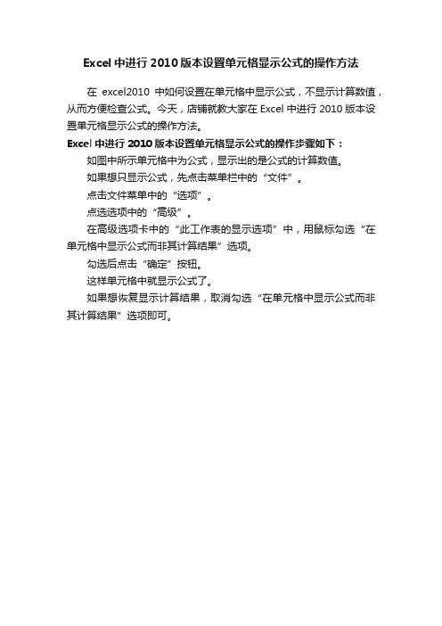 Excel中进行2010版本设置单元格显示公式的操作方法