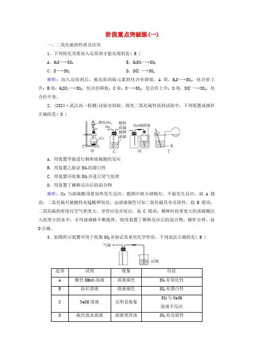 新教材适用2024_2025学年高中化学阶段重点突破练1新人教版必修第二册