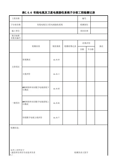 表C.0.6 有线电视及卫星电视接收系统子分部工程检测记录