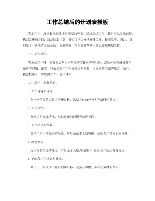 工作总结后的计划表模板