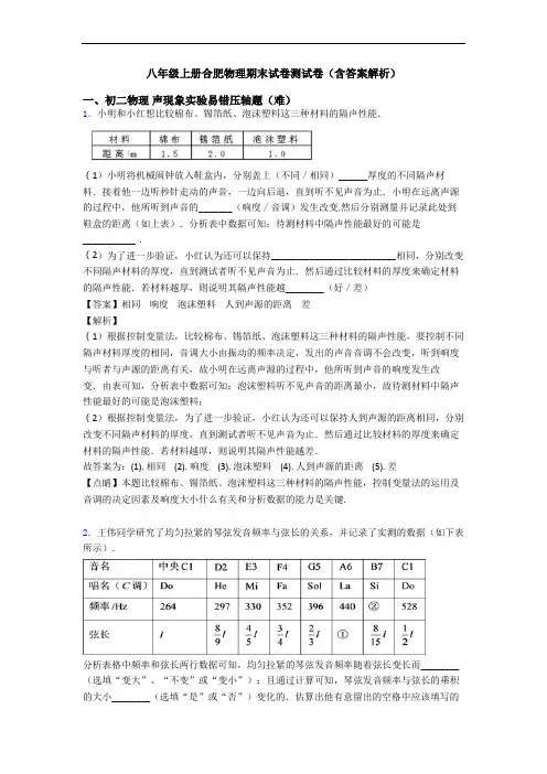 八年级上册合肥物理期末试卷测试卷(含答案解析)
