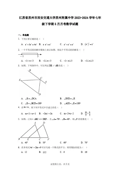 江苏省苏州市西安交通大学苏州附属中学2023-2024学年七年级下学期5月月考数学试题